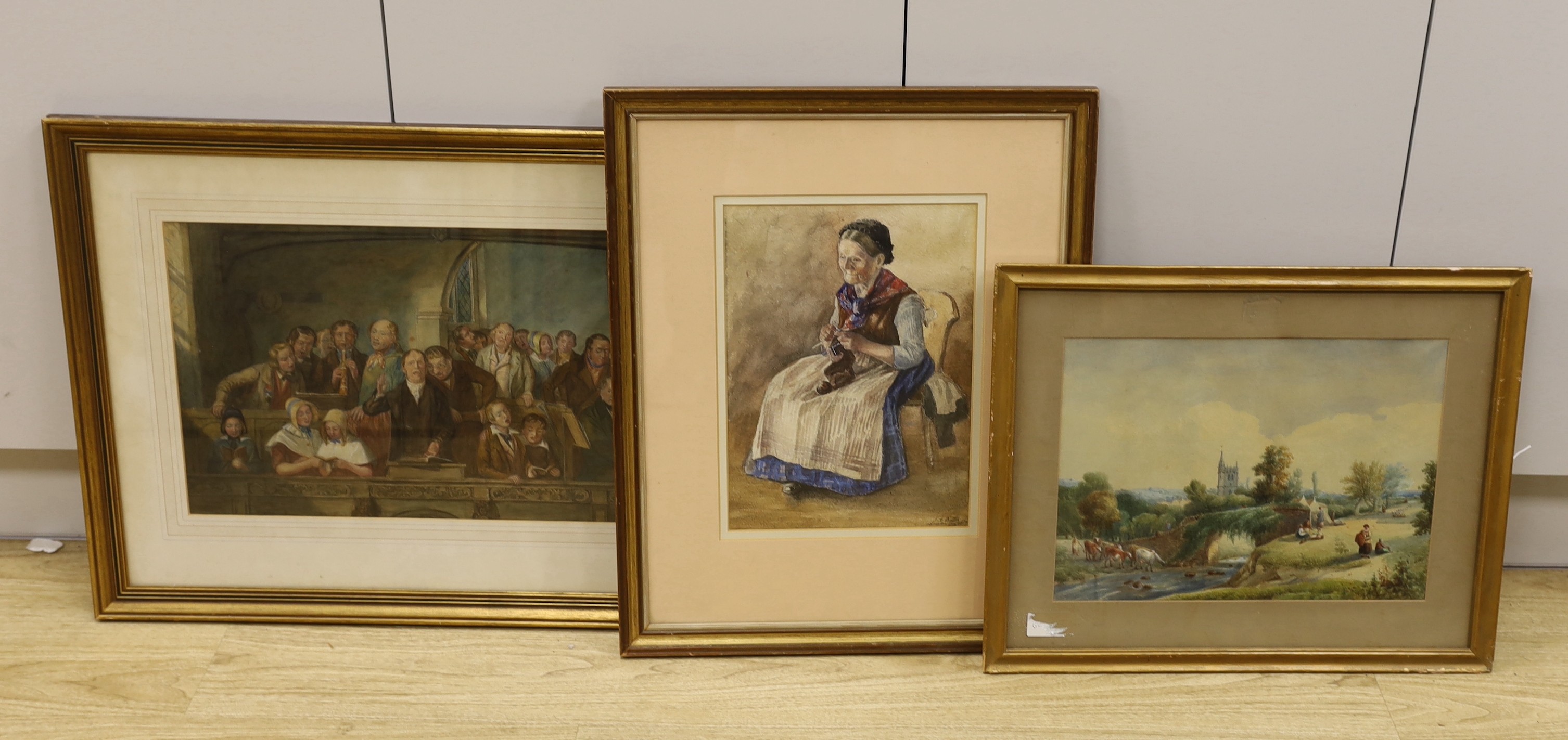 Three 19th century watercolours, 'Parish choir' by Webster, 31 x 49cm, Woman knitting by Miss Butler 1887, 34 x 25cm, and Pastoral landscape, 28 x 38cm